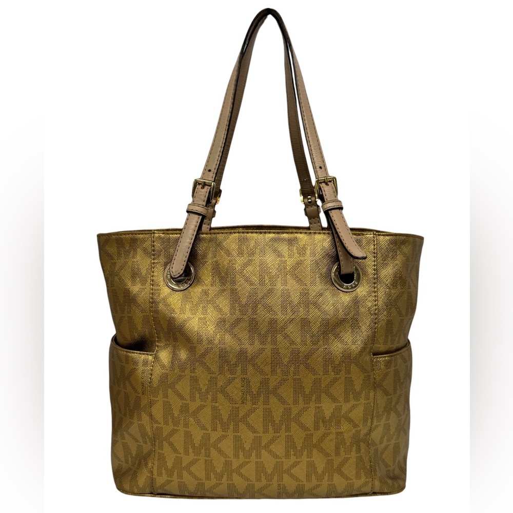 Michael Kors Jet Set East West Signature Gold Metallic Tote Purse Shoulder Bag - Picture 4 of 16